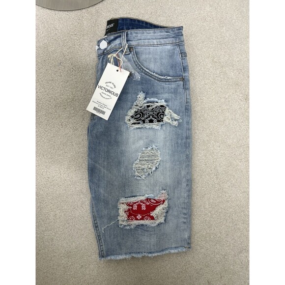 Victorious Men's Denim Shorts Casual Multi Color Bandana Embellished Size 32 New - Picture 7 of 7